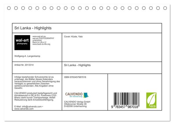 Produktbild: Sri Lanka - Highlights (Tischkalender 2026 DIN A5 quer), CALVENDO Monatskalender