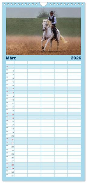 Produktbild: Familienplaner 2026 - Wei&szlig;e Pferde der Camargue in Bayern mit 5 Spalten (Wandkalender, 21 x 45 cm) CALVENDO