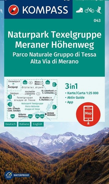 Produktbild: KOMPASS Wanderkarte 043 Naturpark Texelgruppe, Meraner H&ouml;henweg, Parco Naturale Gruppo di Tessa, Alta Via di Merano 1:25.000