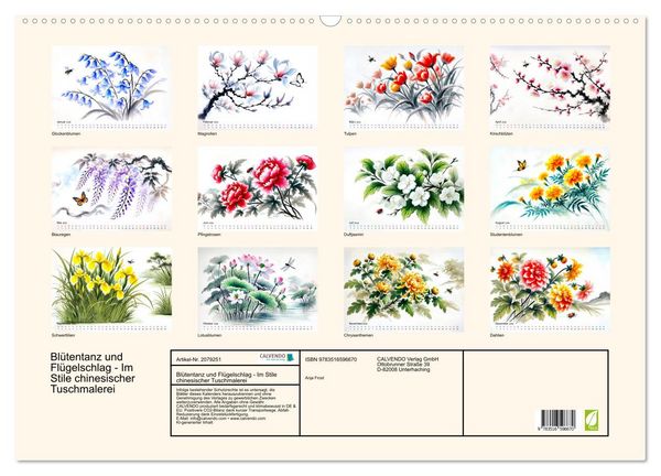 Produktbild: Bl&uuml;tentanz und Fl&uuml;gelschlag - Im Stile chinesischer Tuschmalerei (Wandkalender 2026 DIN A2 quer), CALVENDO Monatskalender
