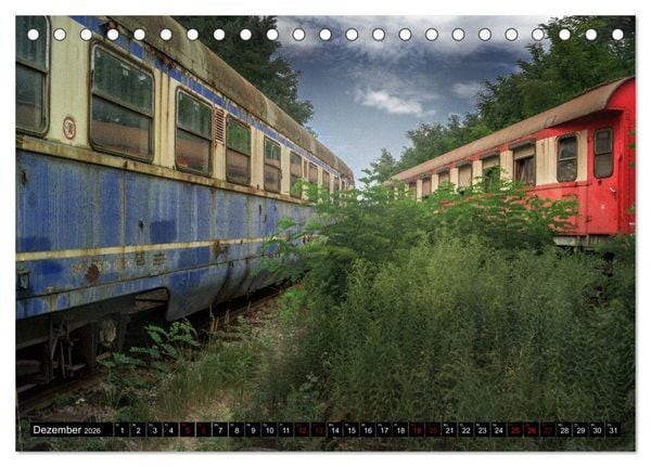 Produktbild: Lokomotiven und Wagen - Verfallen und vergessen auf dem Abstellgleis (Tischkalender 2026 DIN A5 quer), CALVENDO Monatskalender