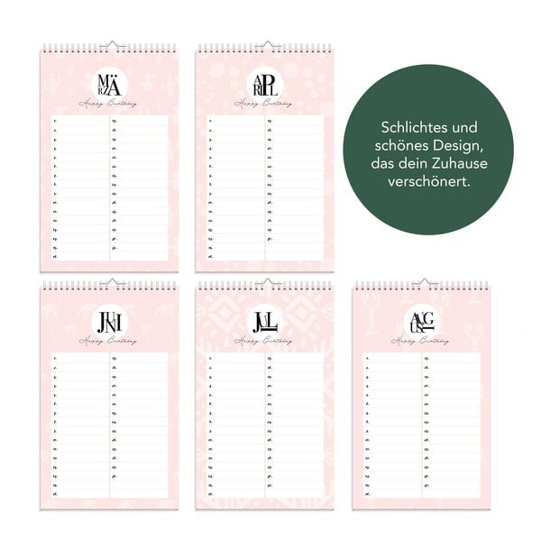 Produktbild: Geburtstagskalender immerw&auml;hrend | Jahresunabh&auml;ngiger Kalender f&uuml;r Geburtstage in rosa | Geburtstags&uuml;bersicht zum Aufh&auml;ngen mit Spiralbindung f&uuml;r die Familie und f&uuml;rs B&uuml;ro
