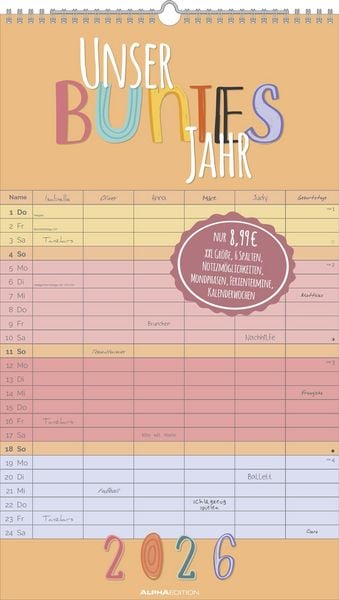 Produktbild: Unser buntes Jahr 2026 Familienplaner - Familien-Timer 26x45 cm - Offset-Papier - mit Ferienterminen - Wand-Planer - Familienkalender - Alpha Edition