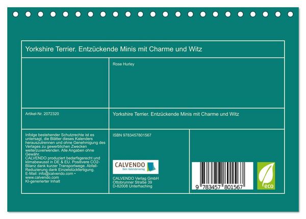 Produktbild: Yorkshire Terrier. Entz&uuml;ckende Minis mit Charme und Witz (Tischkalender 2026 DIN A5 quer), CALVENDO Monatskalender