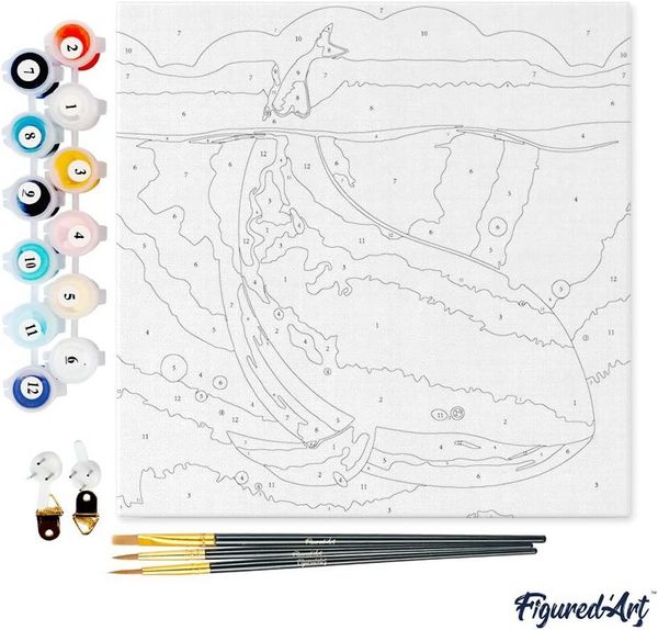 Produktbild: FiguredArt SFA059-Y - Mini Malen nach Zahlen, Blauwal, Leinwand-Keilrahmen 20x20cm, DIY Bastelset, Paint by Numbers