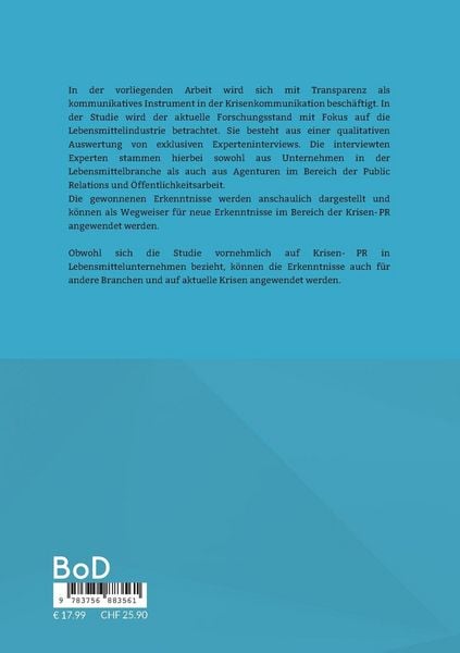 Produktbild: Transparenz als kommunikatives Instrument der Krisen-PR in Lebensmittelunternehmen