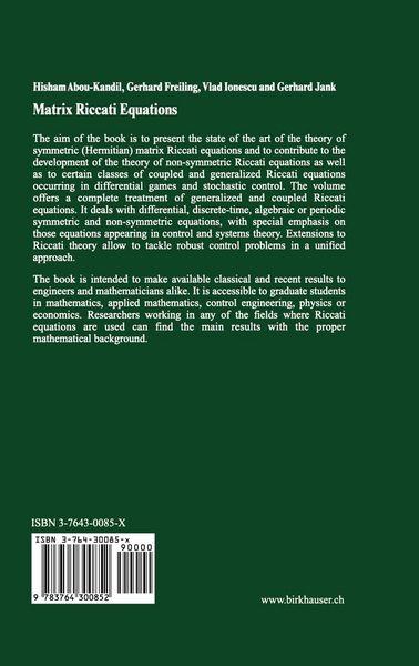 Produktbild: Matrix Riccati Equations in Control and Systems Theory