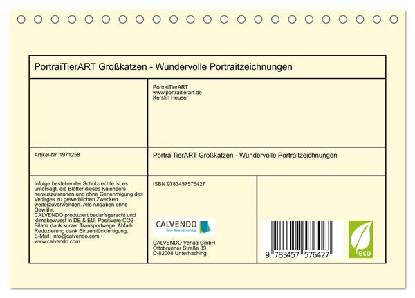 Produktbild: PortraiTierART Gro&szlig;katzen - Wundervolle Portraitzeichnungen (Tischkalender 2026 DIN A5 quer), CALVENDO Monatskalender