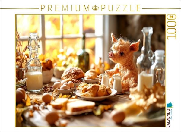 CALVENDO Puzzle Eierlegende Wollmilchsau beim Frühstück - Kuscheliges Schweinchen und Fabelwesen für Kinder | 1000 Teile Lege-Größe 64x48cm