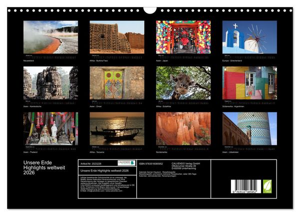 Produktbild: Unsere Erde Highlights weltweit 2026 (Wandkalender 2026 DIN A3 quer), CALVENDO Monatskalender
