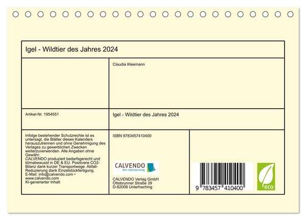 Produktbild: Igel - Wildtier des Jahres 2024 (Tischkalender 2026 DIN A5 quer), CALVENDO Monatskalender