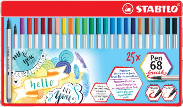 Produktbild: STABILO Premium-Filzstift mit Pinselspitze f&uuml;r variable Strichst&auml;rken -   Pen 68 brush - 25er Metalletui - mit 19 verschiedenen Farben