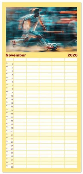 Produktbild: Familienplaner 2026 - Fu&szlig;ball - Dynamik am Ball mit 5 Spalten (Wandkalender, 21 x 45 cm) CALVENDO