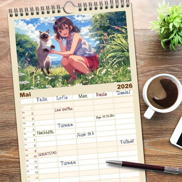 Produktbild: Familienplaner 2026 - Tierische Anime-Freunde - Fr&ouml;hliche Streifz&uuml;ge mit Hund und Katze mit 5 Spalten (Wandkalender, 21 x 45 cm) CALVENDO