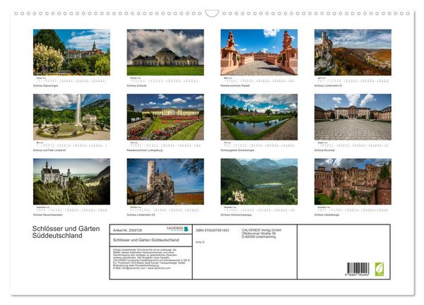 Produktbild: Schl&ouml;sser und G&auml;rten S&uuml;ddeutschland (Wandkalender 2026 DIN A2 quer), CALVENDO Monatskalender