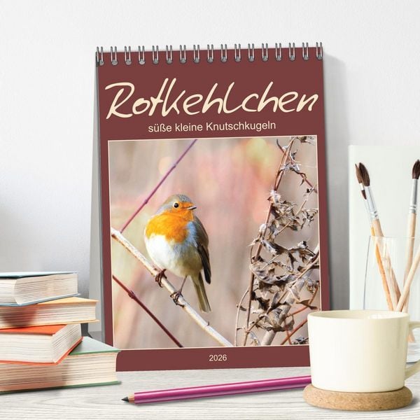 Produktbild: Rotkehlchen, s&uuml;&szlig;e kleine Knutschkugeln (Tischkalender 2026 DIN A5 hoch), CALVENDO Monatskalender