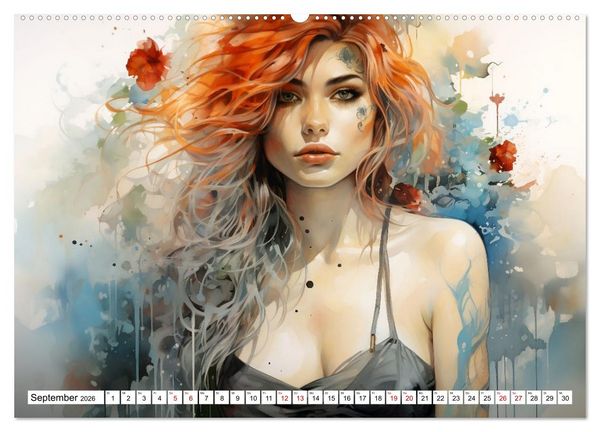 Produktbild: Tattoo trifft Kunst - Starke Tattoos treffen auf sanftes Aquarell (Wandkalender 2026 DIN A2 quer), CALVENDO Monatskalender