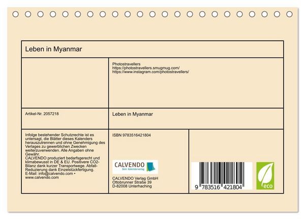 Produktbild: Leben in Myanmar (Tischkalender 2026 DIN A5 quer), CALVENDO Monatskalender
