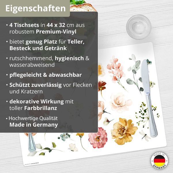 Produktbild: Tischsetmacher Tischsets Bl&uuml;ten in Aquarell, aus hochwertigem Vinyl (4 St&uuml;ck), 44 x 32 cm