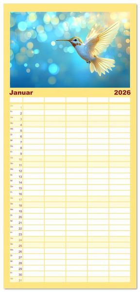 Produktbild: Familienplaner 2026 - Fliegende Kunstwerke - Kolibris mit 5 Spalten (Wandkalender, 21 x 45 cm) CALVENDO
