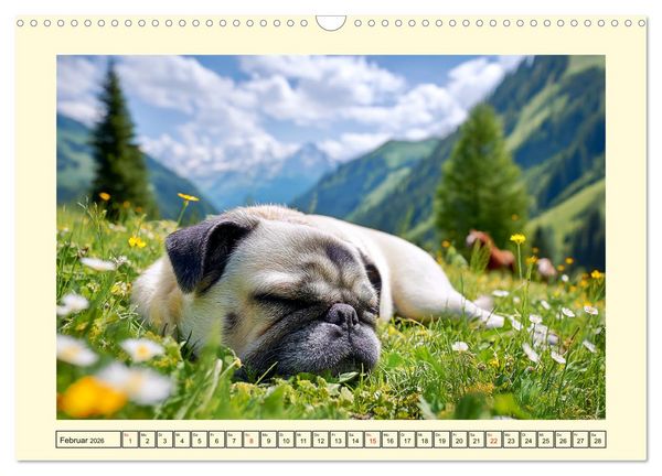 Produktbild: Mops trifft Berglust. Fidele Gipfelst&uuml;rmer im H&ouml;henrausch (Wandkalender 2026 DIN A3 quer), CALVENDO Monatskalender