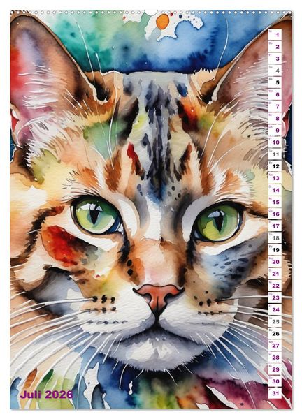 Produktbild: KATZENKALENDER - Aquarell Katzenportraits f&uuml;r Katzenliebhaber (Wandkalender 2026 DIN A2 hoch), CALVENDO Monatskalender