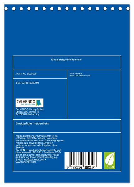 Produktbild: Einzigartiges Heidenheim (Tischkalender 2026 DIN A5 hoch), CALVENDO Monatskalender