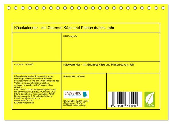 Produktbild: K&auml;sekalender - mit Gourmet K&auml;se und Platten durchs Jahr (Tischkalender 2026 DIN A5 quer), CALVENDO Monatskalender