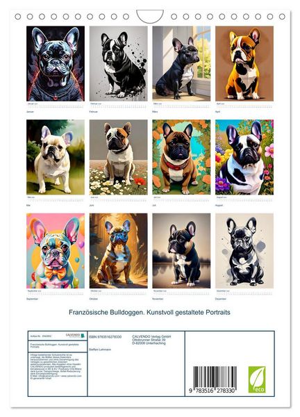 Produktbild: Franz&ouml;sische Bulldoggen. Kunstvoll gestaltete Portraits (Wandkalender 2026 DIN A4 hoch), CALVENDO Monatskalender