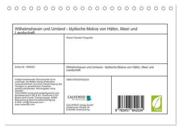 Produktbild: Wilhelmshaven und Umland - Idyllische Motive von H&auml;fen, Meer und Landschaft (Tischkalender 2026 DIN A5 quer), CALVENDO Monatskalender