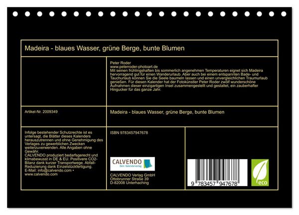 Produktbild: Madeira - blaues Wasser, gr&uuml;ne Berge, bunte Blumen (Tischkalender 2026 DIN A5 quer), CALVENDO Monatskalender