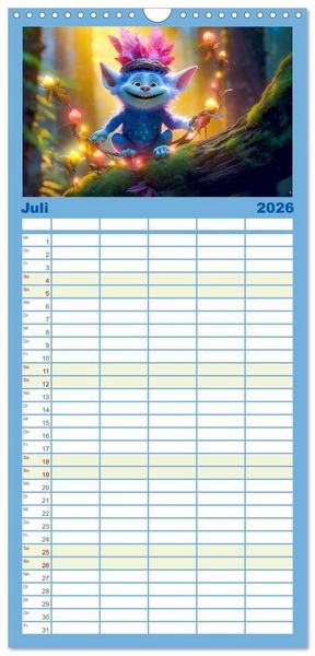 Produktbild: Familienplaner 2026 - Die bunte Welt der Trolle mit 5 Spalten (Wandkalender, 21 x 45 cm) CALVENDO