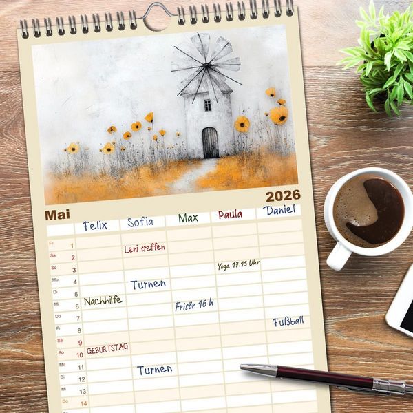 Produktbild: Familienplaner 2026 - Windgefl&uuml;ster-M&uuml;hlenimpressionen mit 5 Spalten (Wandkalender, 21 x 45 cm) CALVENDO