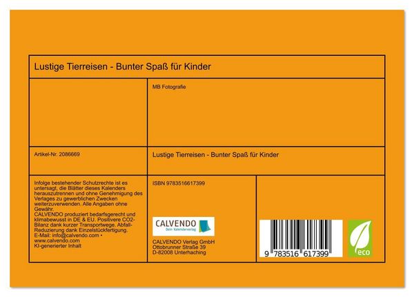 Produktbild: Lustige Tierreisen - Bunter Spa&szlig; f&uuml;r Kinder (Tischkalender 2026 DIN A5 quer), CALVENDO Monatskalender