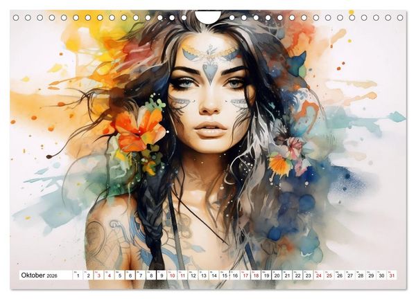 Produktbild: Tattoo trifft Kunst - Starke Tattoos treffen auf sanftes Aquarell (Wandkalender 2026 DIN A4 quer), CALVENDO Monatskalender