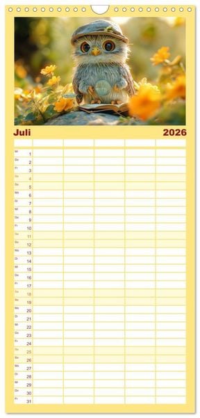 Produktbild: Familienplaner 2026 - Eulen im Wald - Die geheimen Jobs und Aufgaben mit 5 Spalten (Wandkalender, 21 x 45 cm) CALVENDO