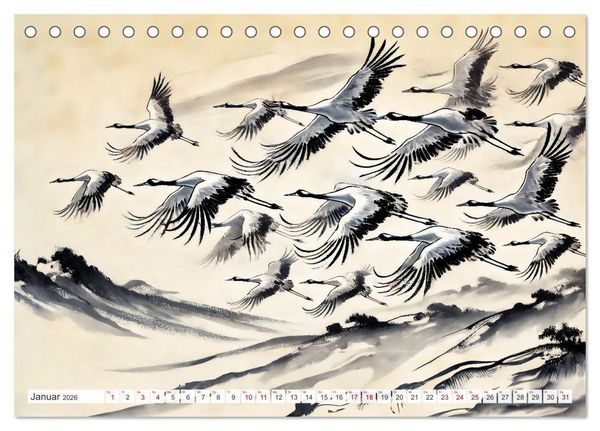 Produktbild: Eleganz der Kraniche - Majest&auml;tische V&ouml;gel in poetischer Tusche (Tischkalender 2026 DIN A5 quer), CALVENDO Monatskalender