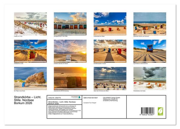 Produktbild: Strandk&ouml;rbe &ndash; Licht. Stille. Nordsee Borkum 2026 (hochwertiger Premium Wandkalender 2026 DIN A2 quer), Kunstdruck in Hochglanz