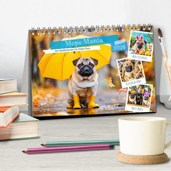 Produktbild: Mops-Mania - Der Spa&szlig;kalender f&uuml;r Mops-Fans (Tischkalender 2026 DIN A5 quer), CALVENDO Monatskalender