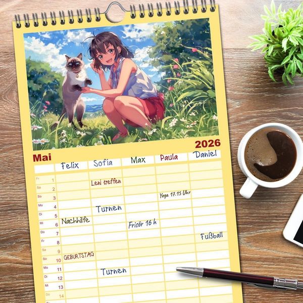 Produktbild: Familienplaner 2026 - Anime-Freunde - Terminplaner mit niedlichen Tierfreundschaften mit 5 Spalten (Wandkalender, 21 x 45 cm) CALVENDO