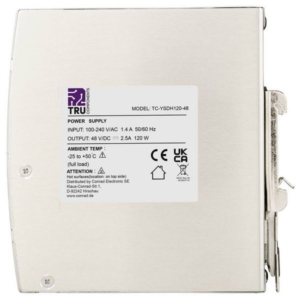 Produktbild: TRU COMPONENTS TC-13864568 Hutschienen-Netzteil (DIN-Rail) 48 V/DC 2.5 A 120 W Anzahl Ausg&auml;nge:1 x Inhalt 1 St.