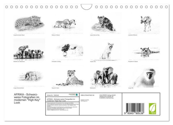 Produktbild: AFRIKA - Schwarz-weiss Fotografien im modernen "High Key" Look (Wandkalender 2026 DIN A4 quer), CALVENDO Monatskalender