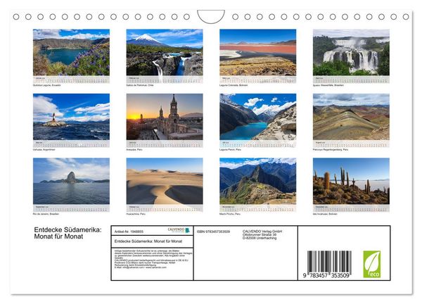 Produktbild: Entdecke S&uuml;damerika: Monat f&uuml;r Monat (Wandkalender 2026 DIN A4 quer), CALVENDO Monatskalender