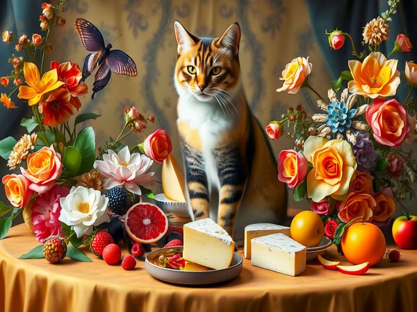Produktbild: CALVENDO Puzzle Katze auf Tisch mit Blumen und Obst im Stil der Alten Meister | 1000 Teile Lege-Gr&ouml;&szlig;e 64x48cm Foto-Puzzle f&uuml;r gl&uuml;ckliche Stunden