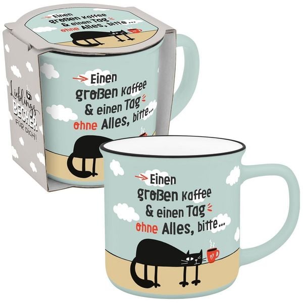 Produktbild: Becher in Emailloptik "Einen gro&szlig;en Kaffee & einen Tag ohne Alles, bitte..."
