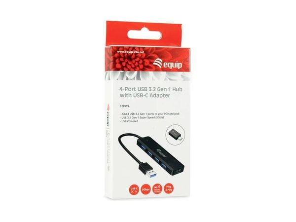 Produktbild: Equip 128959 USB-Hub 5 Port USB-A USB 3.0 5 GBit/s mit USB-C&reg; Stecker Schwarz Hub + USB-C-adapter