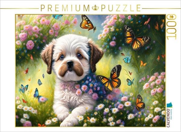 Produktbild: CALVENDO Puzzle S&uuml;&szlig;er kleiner Hund mit Schmetterlingen | 1000 Teile Lege-Gr&ouml;&szlig;e 64x48cm Foto-Puzzle f&uuml;r gl&uuml;ckliche Stunden