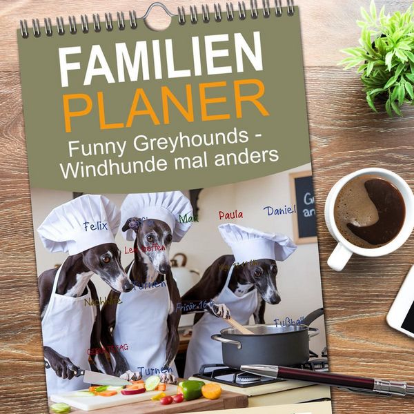 Produktbild: Familienplaner 2026 - Funny Greyhounds - Windhunde mal anders mit 5 Spalten (Wandkalender, 21 x 45 cm) CALVENDO