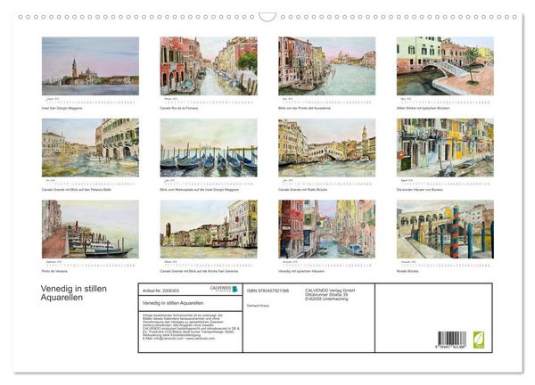 Produktbild: Venedig in stillen Aquarellen (Wandkalender 2026 DIN A2 quer), CALVENDO Monatskalender