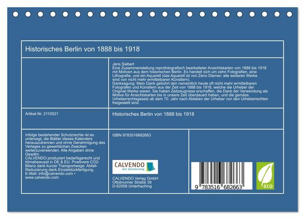Produktbild: Historisches Berlin von 1888 bis 1918 (Tischkalender 2026 DIN A5 quer), CALVENDO Monatskalender